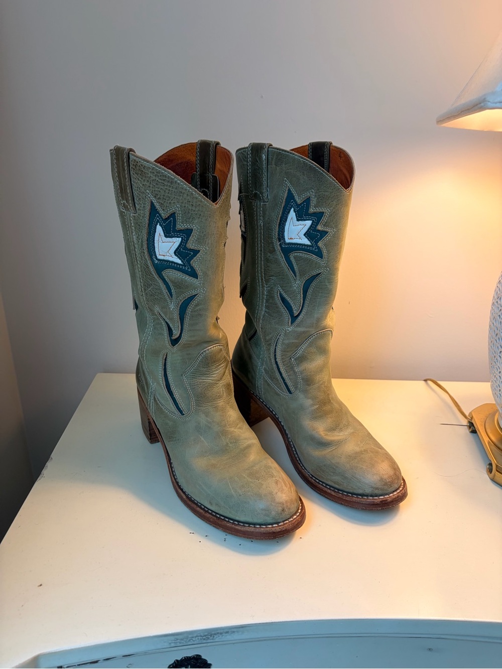 RARE Green Frye Boots with blue and white design